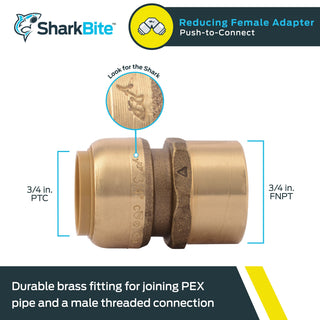 SharkBite 3/4 x 3/4 Inch FNPT Adapter, Push To Connect Brass Plumbing Fitting, PEX Pipe, Copper, CPVC, PE-RT, HDPE, U088LFA