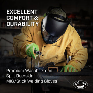 Caiman Premium Wasabi Green Split Deerskin MIG/Stick Welding Gloves, Flame Resistant Foam/Fleece Insulation, Pulse Protector, Green/Gold, Medium (1816-4)