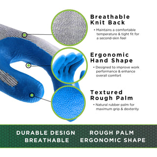 SHOWA Atlas 300 Original 1994 Crinkle Grip Work Gloves, Natural Latex Palm, Heavy Duty 10-Gauge for Construction, Landscaping, Gardening, & Masonry, Blue, X-Large, 12-Pair