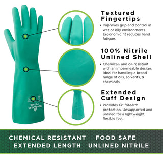 SHOWA 727 Chemical Resistant Gloves, 15-mil Unsupported Nitrile, 13-inch Extended Gauntlet, Bisque Grip, CE Cat III & Food Safe, Latex-Free, Green, Small, 12-Pack