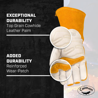 Caiman Premium Cow Grain MIG/Stick Welding Gloves, Cotton/Fleece Insulation, Kontour Design, White/Gold, Large (1434-5)