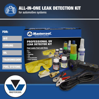 Mastercool 53351 Professional UV Leak Detection Kit – 12V High-Intensity Light – Detects A/C, Coolant, Fuel, Oil, ATF Leaks – Includes Universal Dyes, Glasses, R134a & R12 Compatible