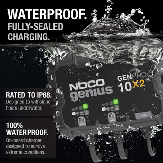 NOCO Genius GENPRO10X2: 2-Bank, 20A Onboard Battery Charger - 10A Per Bank, 12V Waterproof Marine Charger with Overcharge Protection & Temperature Compensation – for Lead-Acid & Lithium Batteries