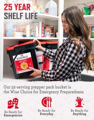 ReadyWise Prepper Pack Bucket - 52 Servings Emergency Food Supply, Survival Kit, Protein Meals, Dehydrated & Freeze Dried Food, Ready to Eat Camping Essentials, up to 25 Year Shelf Stable Life