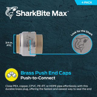 SharkBite Max 3/4 Inch Push Cap, Pack of 4, Push to Connect Brass Plumbing Fitting, PEX Pipe, Copper, CPVC, PE-RT, HDPE, UR518A4