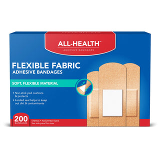All Health Adhesive Fabric Bandages, 200 Count Assorted Sizes | Soft, Flexible Material | Protection for First Aid and Wound Care