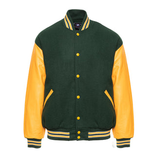 5000-204- AMERICA'S FINEST WOOL & LEATHER VARSITY JACKET - 204 - DARK GREEN/ATH. GOLD/WHITE